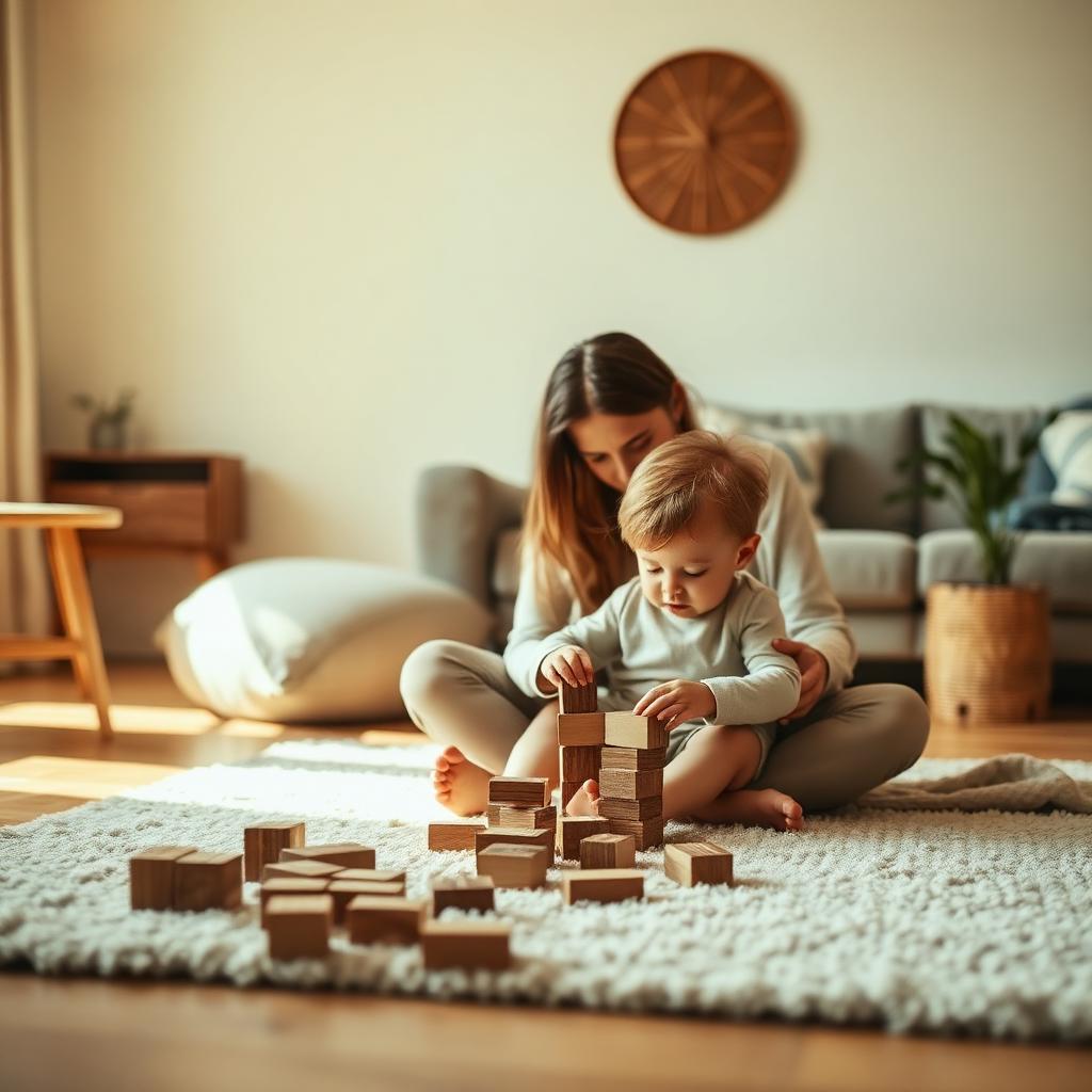A parent and toddler playing together with wooden blocks on a soft rug at home